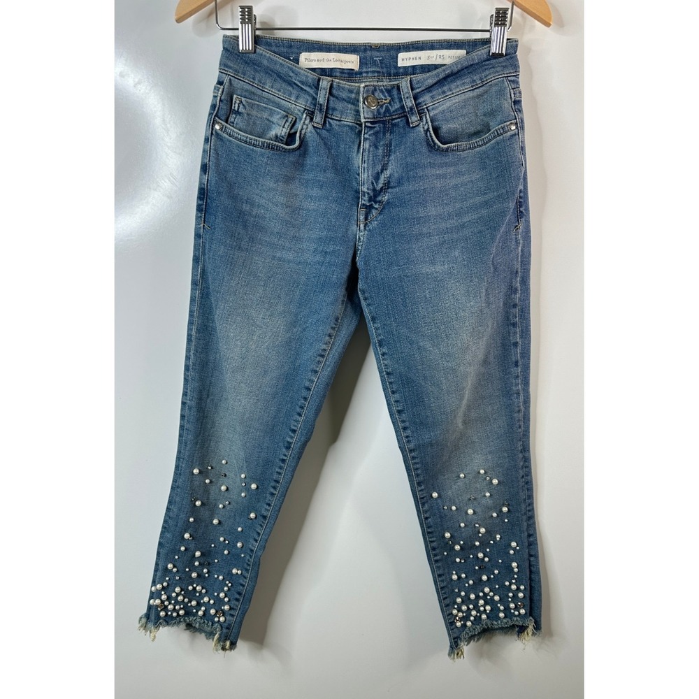 Pilcro Hyphen Pearl Mid-Rise Relaxed Boyfriend Jeans 25 Petite Embellished Crop - Picture 2 of 16